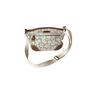 Liz Claiborne Floral Canvas Shoulder Bag Adjustable Strap White Beige Brown